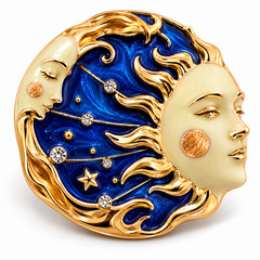 Celestial Sun Moon Face Brooch Blue Gold Enamel Rhinestone Vintage Style Pin