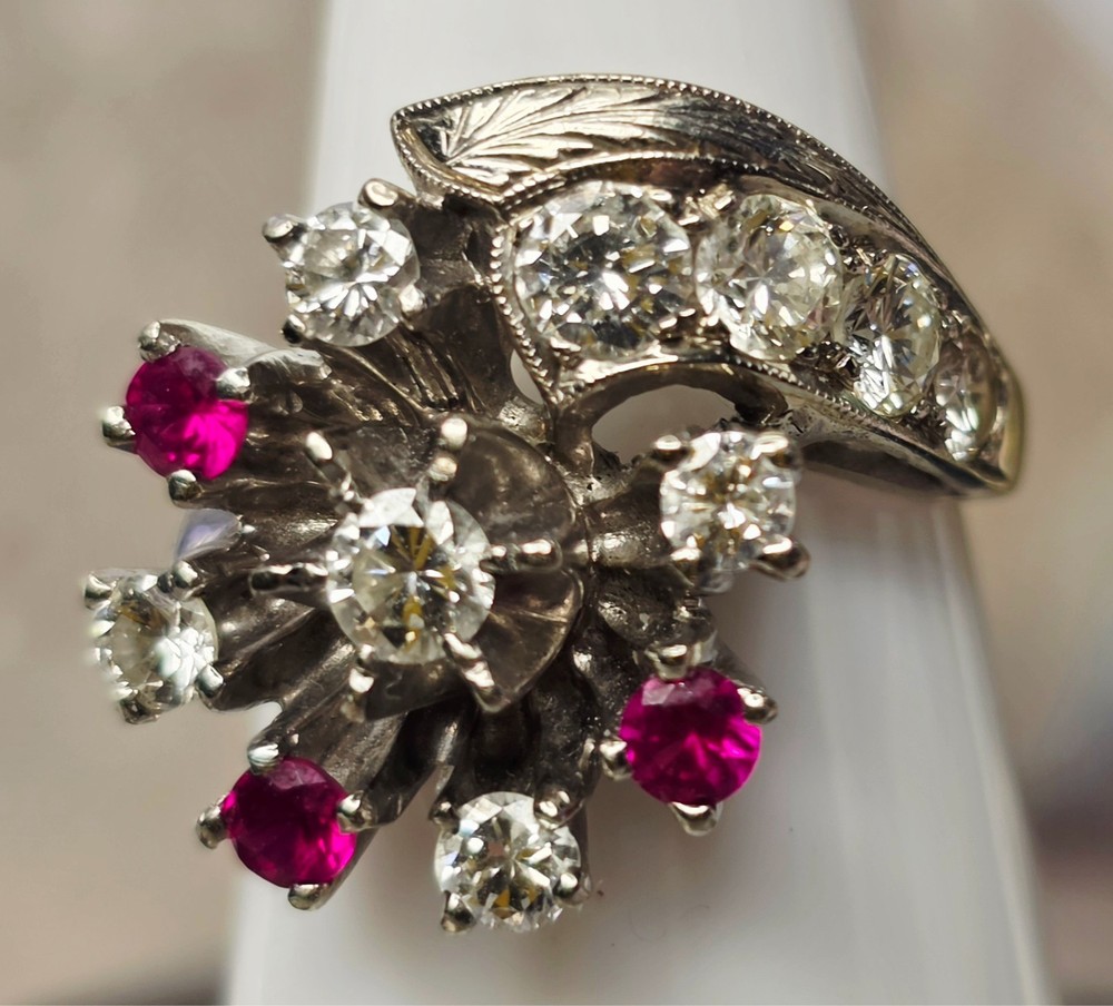 Vintage GOTHIC Kinsley & Sons Inc. 14K White Gold Diamond Ruby Ring 1940s Rare