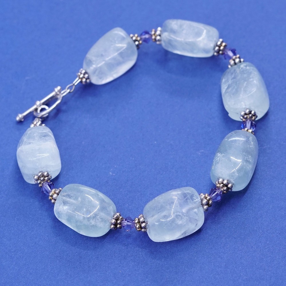 6.5”, Sterling silver bracelet, 925 bead charm with nugget prehnite grape stone