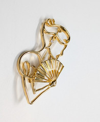 Vintage Lady Remington Woman & Fan Silhouette Gold Tone Brooch Pin 3.25″