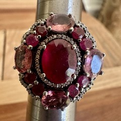 Vintage Cocktail Ring Size 5.75 Natural Tourmaline Ruby Gems 925 Sterling 7.0g