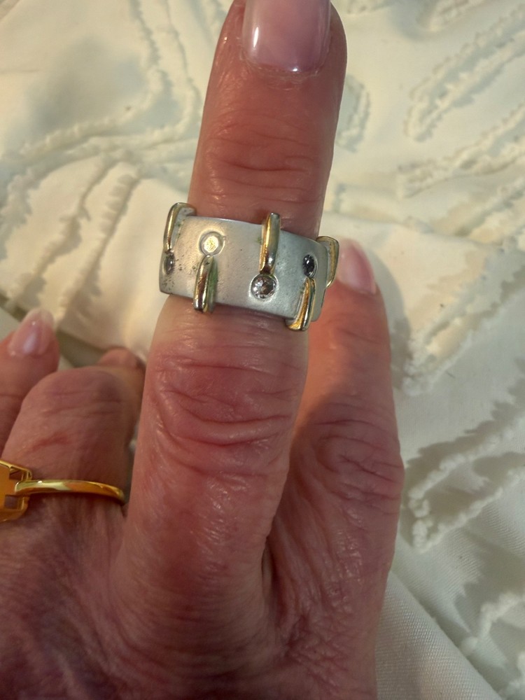 Vintage 925 ICE Sterling Silver Wide Ring Gold Tone Accents CZ Flush Set Si