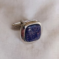 SHIELDS Cufflinks Tie Clasp Set Vintage Copper Sparkle Blue Glass Faux Lapis