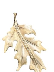 Vintage Gold Tone Cream Color Enamel Leaf Brooch Pin Rhinestone Center Garden