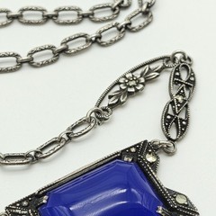 Vintage Sterling Silver 925 Blue Chalcedony Marcasite Necklaces 15.5″
