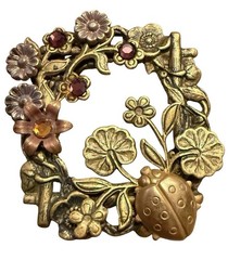Vintage Gold Tone Ladybug Garden Brooch Rhinestone Floral Bug Pin Nature Gift