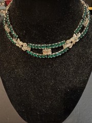 Vintage Art Deco Faux Emerald Green & Clear Rhinestones Collar Necklace