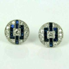 Art Deco Vintage Style Lab-Created Diamond & Sapphire Stud Earrings 925 Silver