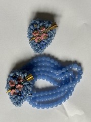 VINTAGE MIRIAM HASKELL BLUE GLASS BEAD AND SEED HEART BRACELET & PIN “AS IS”