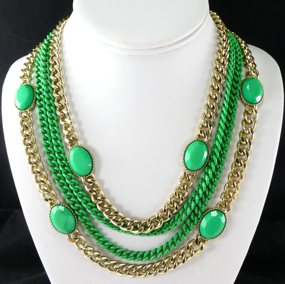 Multi Chain Necklace Gold & Green Enamel Oval Accents Designer Quality