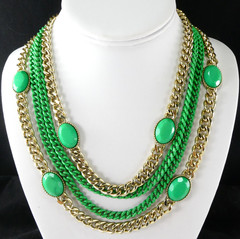 Multi Chain Necklace Gold & Green Enamel Oval Accents Designer Quality