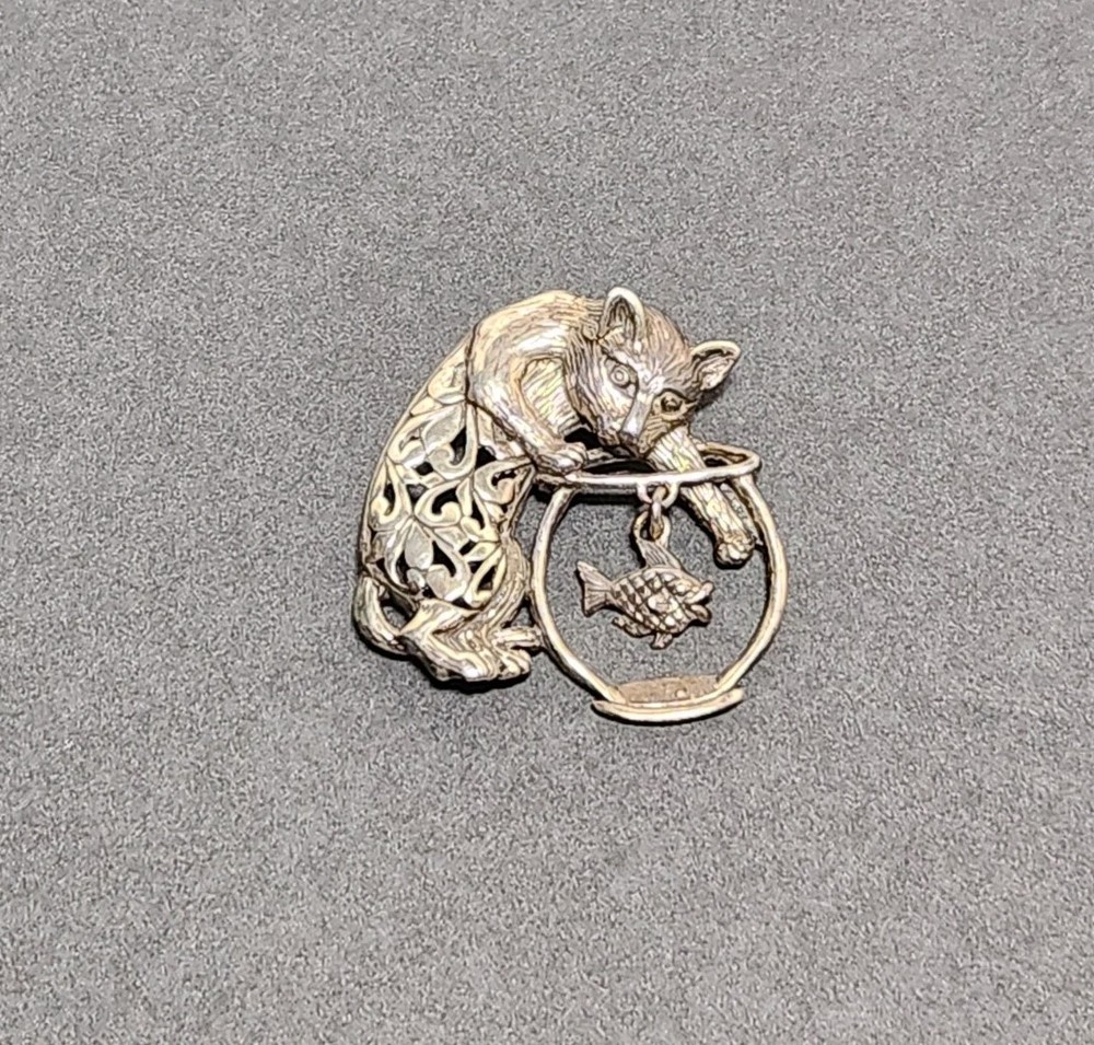 Jezlaine Cat Pin Signed Kitty Fish Bowl Sterling Silver .925
