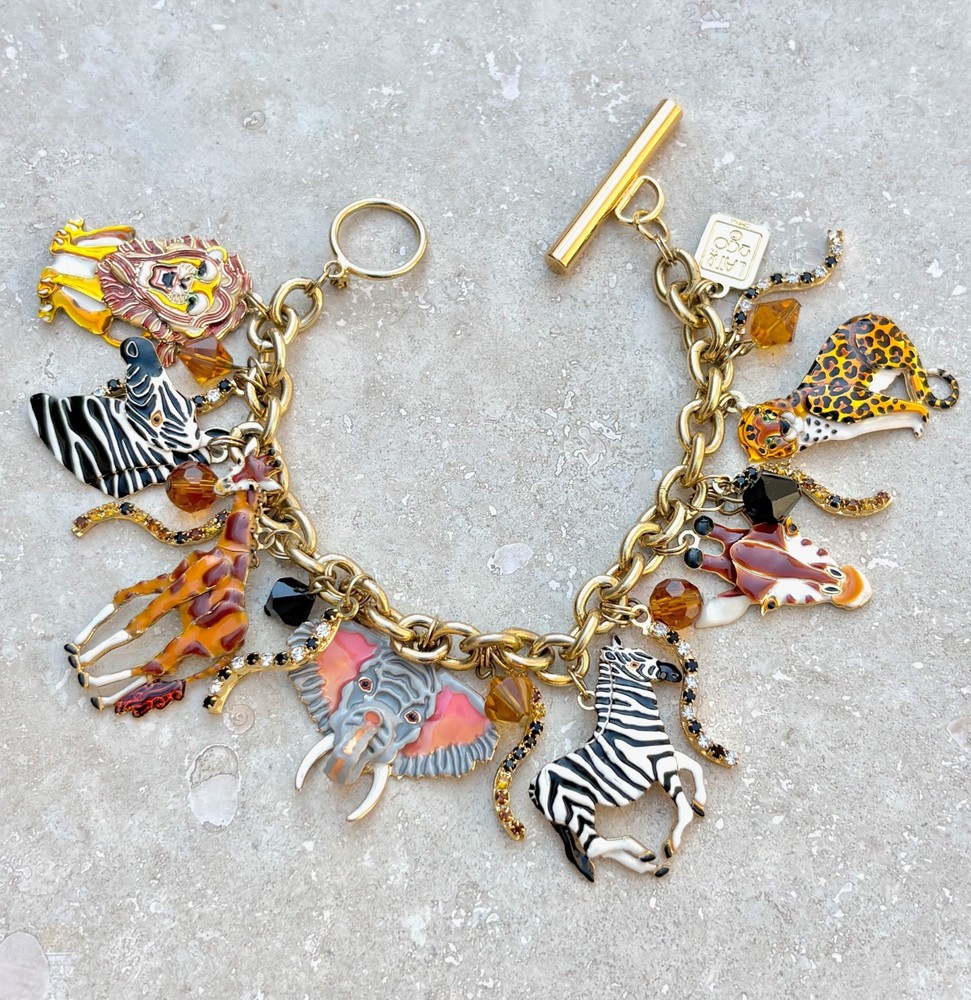 LUNCH AT THE RITZ Signed Safari Animals Charm Bracelet Enamel Rhinestones