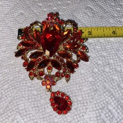 Large Contemporary Goldtone Red & AB Rhinestone Dangle Brooch
