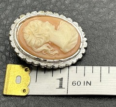 Vintage Cameo Shell Filigree Brooch Pin Silver Tone Woman Portrait