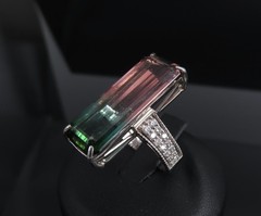 Rare 15.82ct Natural Party Color Tourmaline 0.35ct Diamond Platinum Ring, Size 7