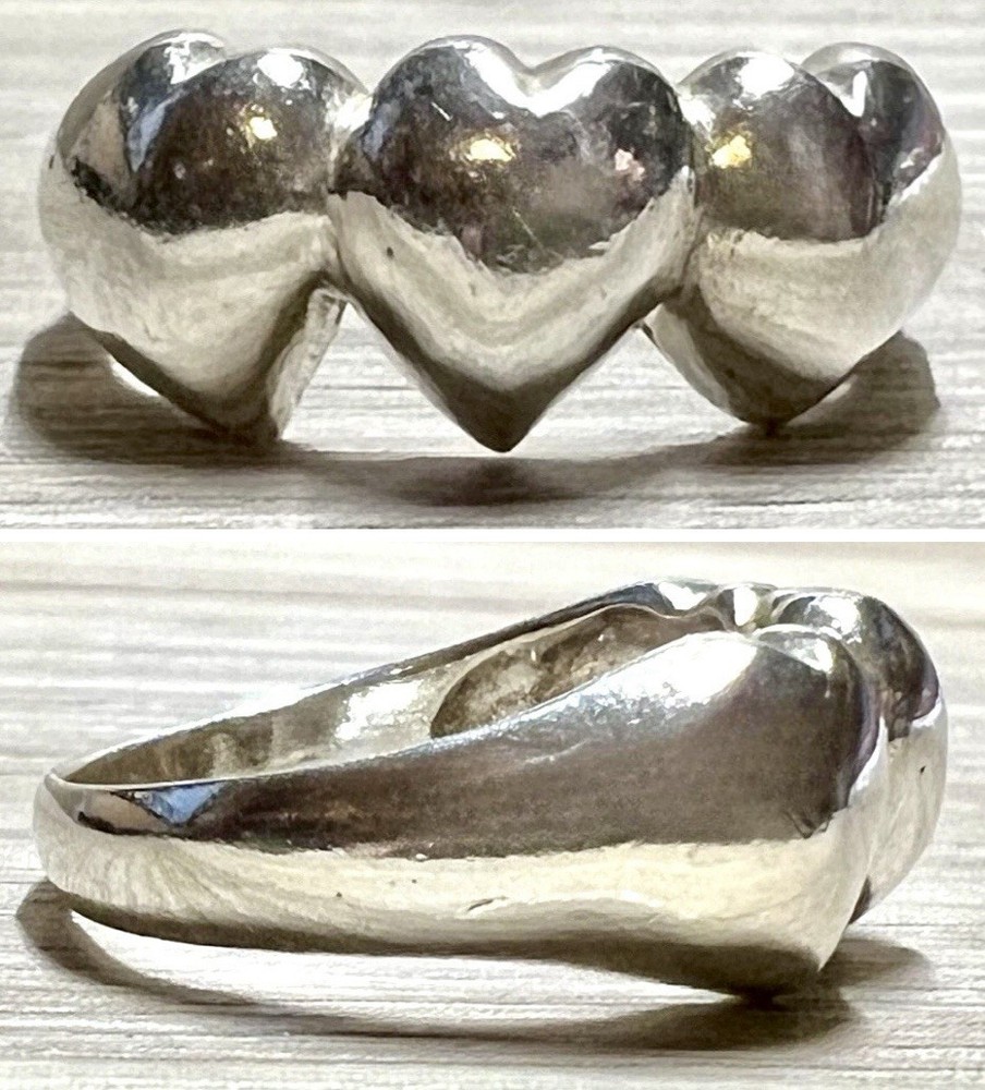 Vintage Handmade Sterling Silver Triple Heart Band Ring, Size 5.75, 3.2g