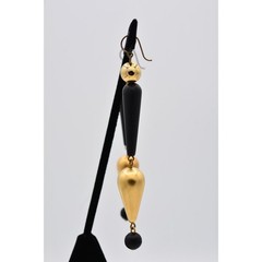 Vintage Dangle Earrings Black Beaded Brushed Gold Matte Drop Chunky 1990s BinAV