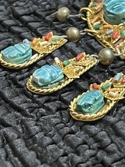 Vintage Egyptian Revival Pectoral Statement Necklace Glaze Soapstone Scarab Gilt