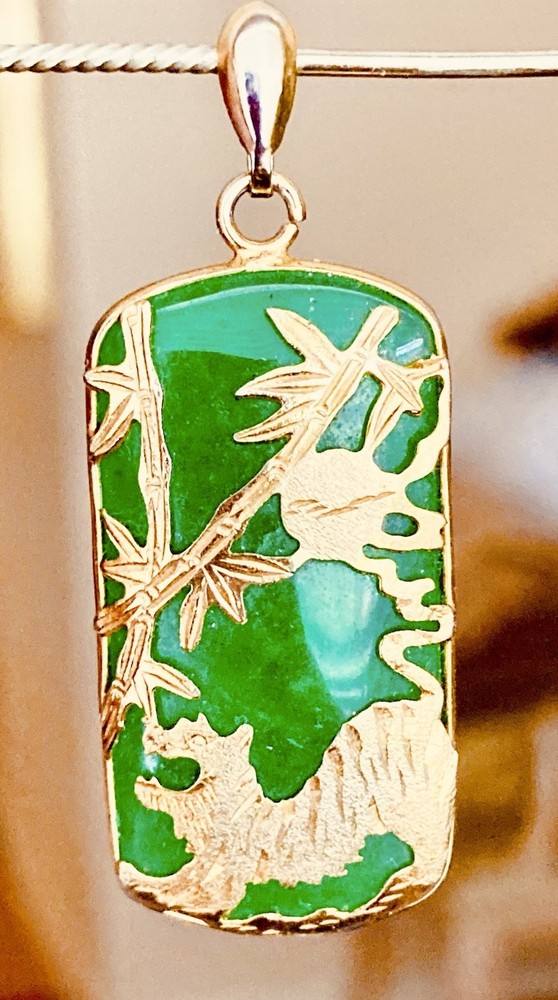 Vintage Natural Green Jade 45mm X 20mm Pendant 10k Gold Filled