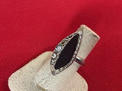 Vintage Emmons Black Marquise Cabochon Rhinestone Adjustable Ring Silver Tone Co