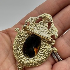 Vintage Baroque Pin Brooch Gold Tone Faux Pietersite Art Glass Cab Estate