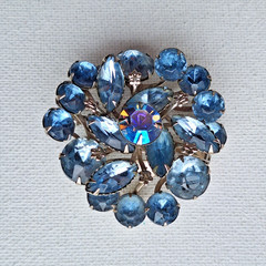 Vintage Blue Rhinestone Layered Cluster Brooch, Aurora Borealis Center