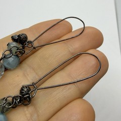 Vtg Blue Green Acrylic Beaded Dangle Drop Statement Earrings Long Hook Gunmetal