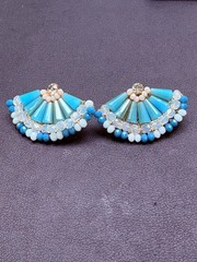 Vintage Aqua Blue Beaded Rhinestone Fan Earrings