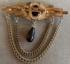 Vintage Goldtone Bar Brooch 2 Hanging Chains & 2 Black Stones Old Fastener