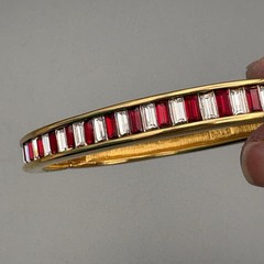 Swarovski Hinged Bangle Gold Tone Baguette Red Clear Crystal Bracelet SAL