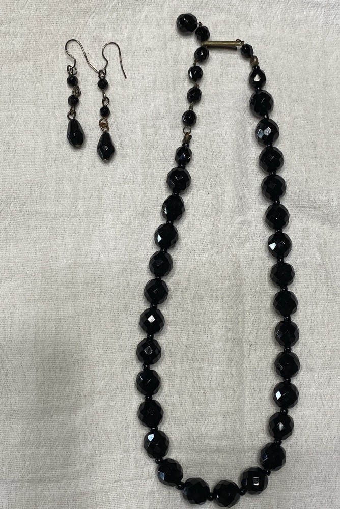 Vintage M.I. Western Germany Black Faceted Glass Necklace 16” + Earrings