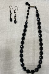 Vintage M.I. Western Germany Black Faceted Glass Necklace 16” + Earrings