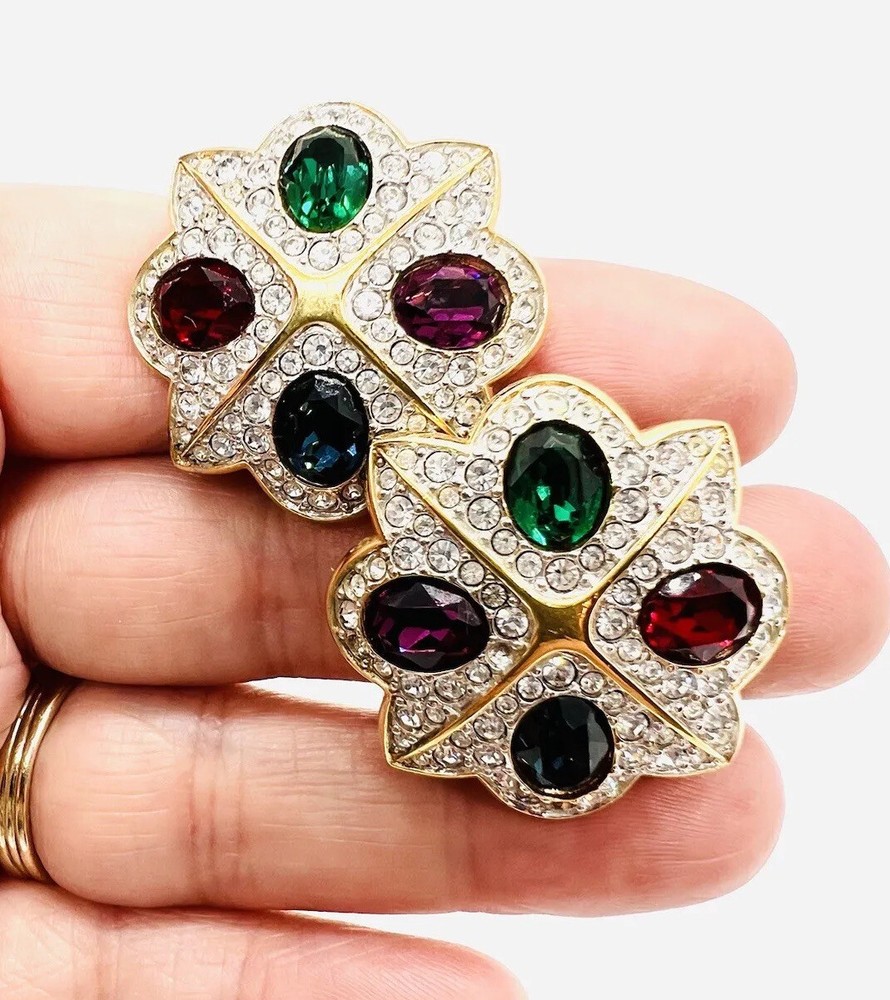 SWAROVSKI Multicolored Jewel Tone Crystal Earrings Signed Vintage Jewelry