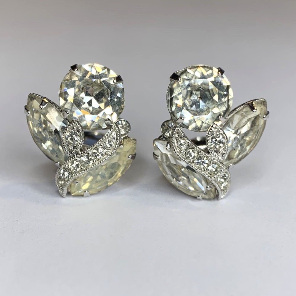 Vintage Eisenberg Ice Clear Rhinestone Clip On Earrings