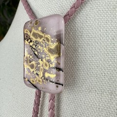 Stunning Vintage Pink And Gold Fused Glass Western Bolo Tie