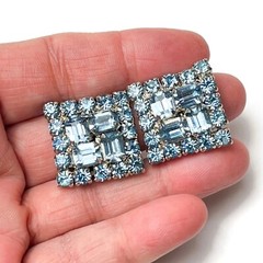 Sparkly Sky Blue Rhinestone Clip Earrings Mid-Century Prong Set Rhodium Plated