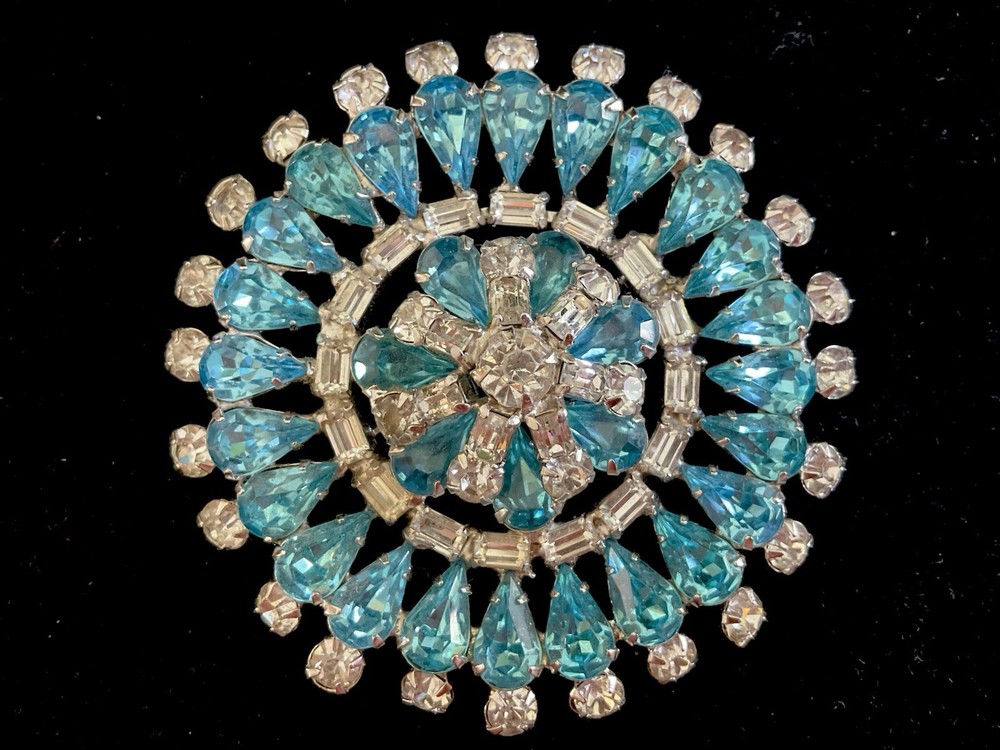 Rhinestone Brooch Domed Pin Round Circle Blue/Baguette Vintage Style Jewelry Xlg