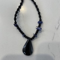 Vintage Stone And Bead Necklace 19 Inches And Bracelet 7 Inches Black Blue