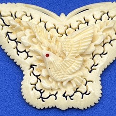 Vintage Carved Celluloid Butterfly Bird Brooch Openwork 2″