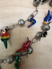 Vtg Mexican 2 Strand Wedding Chain 30” Silver Ball Hand Painted Bird Necklace