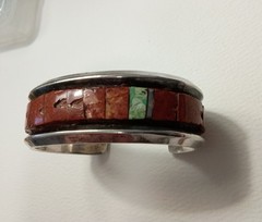 Vintage Sterling Silver Red Coral Turquoise Cuff Signed by D. Nightengale 1970s