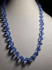 RARE ART DECO CZECH PRESSED GLASS BEAD NECKLACE C.1920 26” BLUE SWIRL