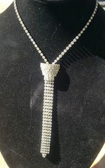 VTG Silvertoned Neck Tie Shaped Necklace Pave Rhinestones 14″ Chain 5.5″Drop