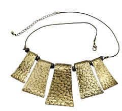 Exotic Hammered Style 5 Metal Plate Bib Necklace Brutalist Cleopatra Look 21 In