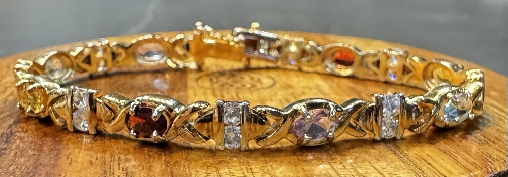 Vintage Sterling Silver Gold Vermeil Multi Gemstone Bracelet 7”