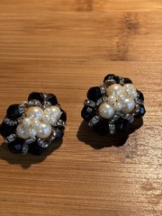 Vintage Muti- Faceted Black Cluster Bead Faux Pearl Earrings with Rhinestones