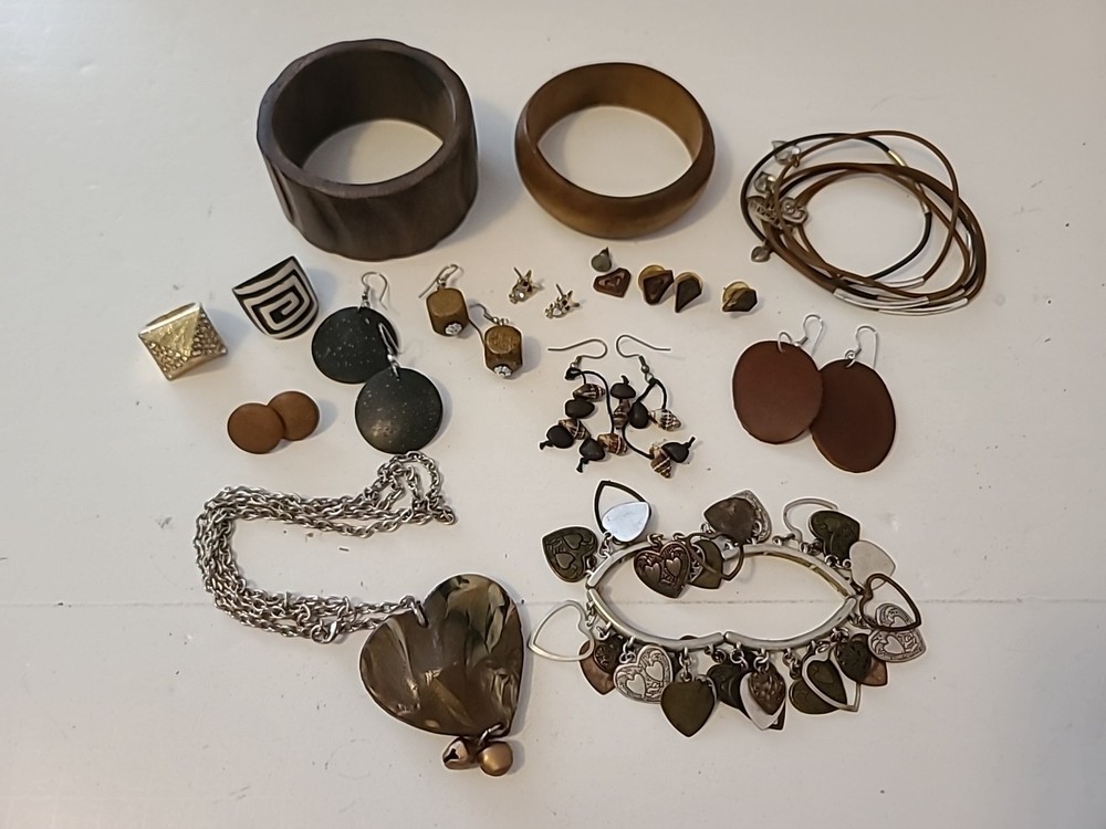 Vintage 70s Style Wood & Leather Jewelry Lot Bangles Earrings Necklace Hippie…