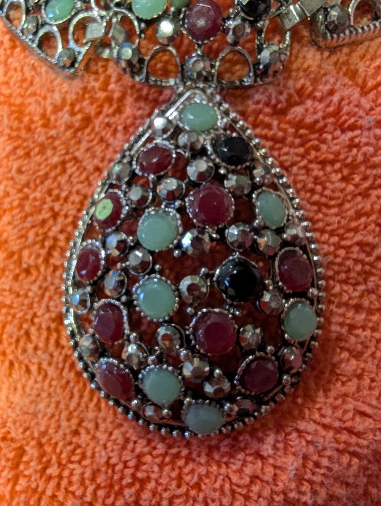 Vintage Necklace With 3 Piece Focal Setting Of Beads In Various Colors