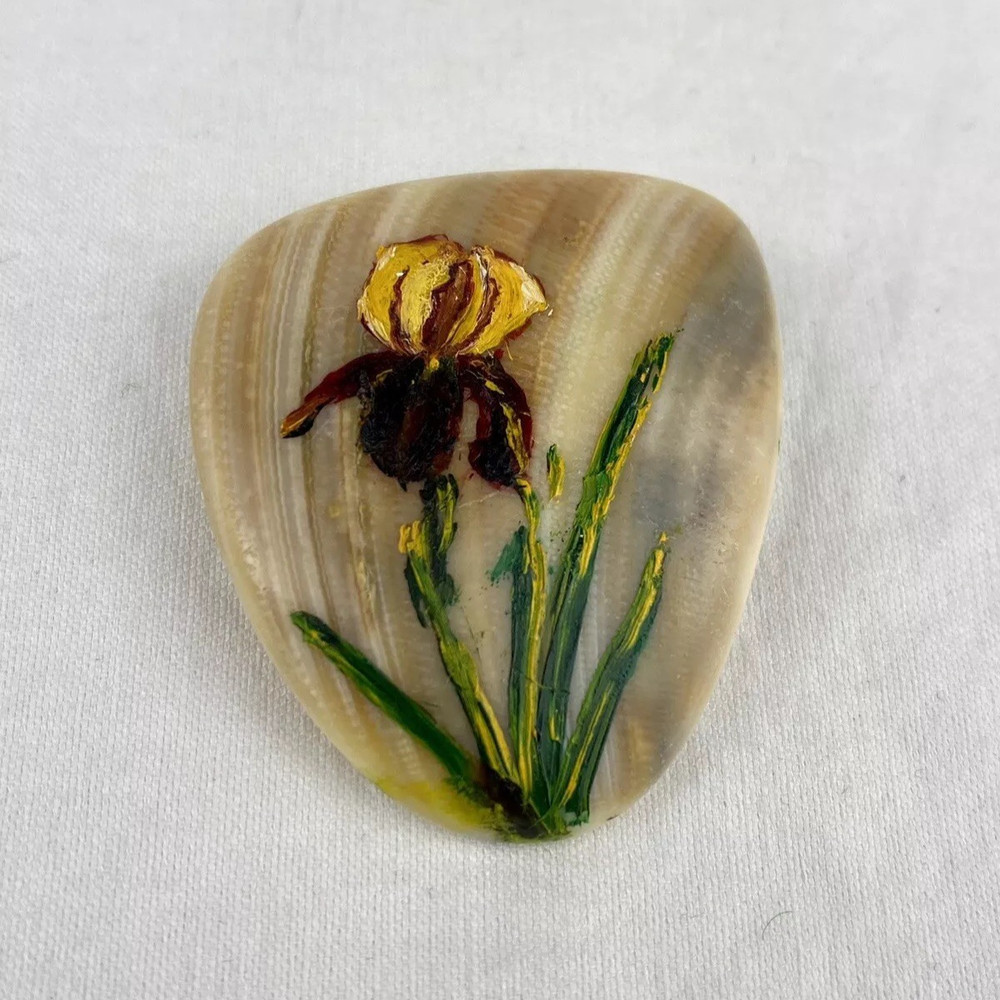 Vintage Hand Painted Iris Flower On Natural Shell Brooch Pin Floral Gardening